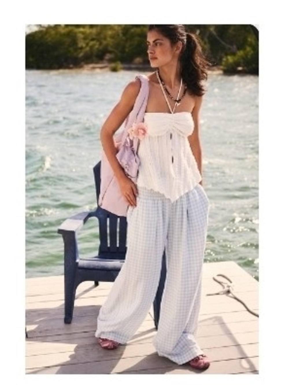 Kimchi Blue Caroline Smocked Wide Leg Linen-blend Pants Size L Blue Gingham